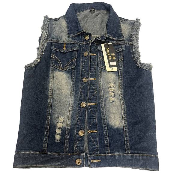 -JACKET Sleeveless Ripped Blue Denim Jacket size Medium - Picture 4 of 8
